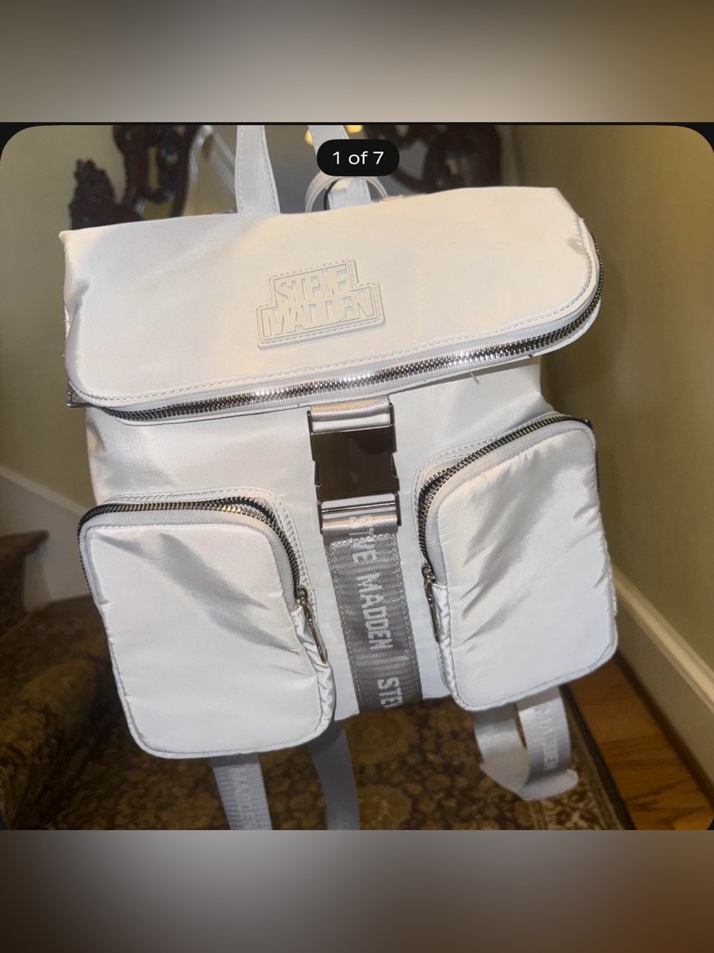 Steve Madden White Nylon Roll-Top Backpack with Front Buckle